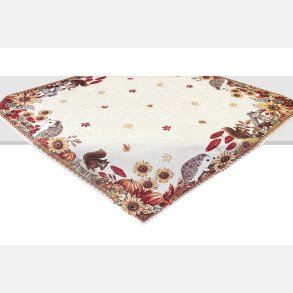 Broderet dug med egern og pindsvin. Efter�rsfarver. Gyldne tr�de giver flot farvespil. 97x97 cm. Traditionsbundet h�ndv�rk. God kvalitet. Direkte import. Tysk producent med �rtiers erfaring.