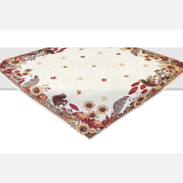 Broderet dug med egern og pindsvin. Efter�rsfarver. Gyldne tr�de giver flot farvespil. 97x97 cm. Traditionsbundet h�ndv�rk. God kvalitet. Direkte import. Tysk producent med �rtiers erfaring.