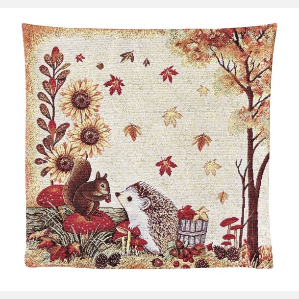 Pudebetr�k med egern og pindsvin i efter�ret. Broderet. Gyldne tr�de. Flot farvespil. Traditionsbundet h�ndv�rk fra Tyskland. God kvalitet. 45x45 cm. Direkte import til eget lager